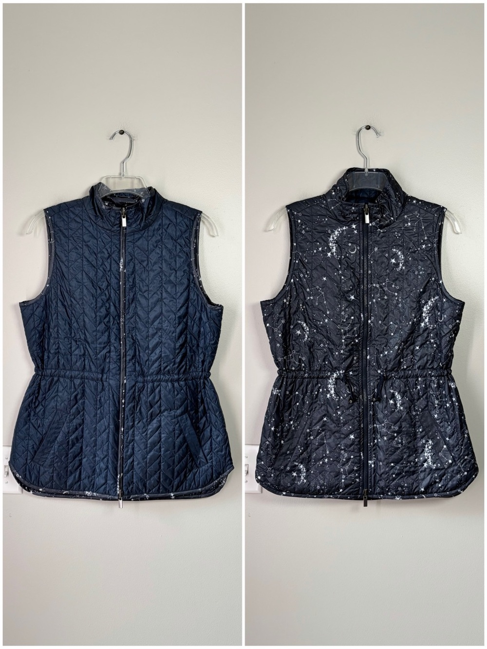 Chico’s Zynergy Navy Solid and Celestial Reversible 2-in-1 Quilted Puffer Vest